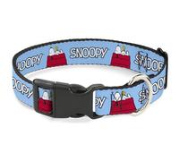 Peanuts Worldwide LLC Pet Collar, Dog Collar Plastic Buckle, Peanuts Snoopy and Woodstock Dog House Pose and Text Sky Blue, 7 to 8.5 Inches 0.5 Inch Wide