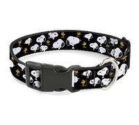 Peanuts Worldwide LLC Pet Collar, Dog Collar Plastic Buckle, Peanuts Snoopy and Woodstock Poses Scattered Black, 11 to 16.5 Inches 1.0 Inch Wide