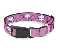 Peanuts Worldwide LLC Pet Collar, Dog Collar Plastic Buckle, Peanuts Snoopy Valentine Hearts Pose and Text Pinks Lavenders, 7 to 8.5 Inches 0.5 Inch Wide