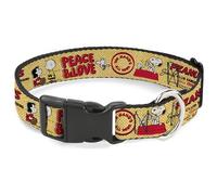 Peanuts Worldwide LLC Pet Collar, Dog Collar Plastic Buckle, Peanuts Social Club Peace and Love Scenes Yellow Red, 9.5 to 14.5 Inches 0.5 Inch Wide