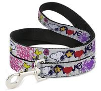 Peanuts Worldwide LLC Pet Leash, Dog Leash, Peanuts Snoopy and Woodstock Graffiti Collage Multi Color, 4 Feet Long 1.0 Inch Wide
