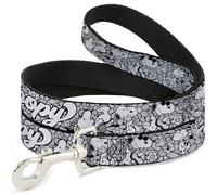 Peanuts Worldwide LLC Pet Leash, Dog Leash, Snoopy Poses and Daisy Flowers Collage Black Grays White, 4 Feet Long 1.0 Inch Wide
