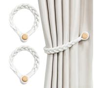 PEAPIN 2 Pack Magnetic Cotton Linen Rope Curtain Tie Backs | Wooden Bead Decorative Magnetic Curtain Tie Backs For Thin Or Thick Curtains Home Office Window Drape Holdbacks White