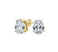 Pear Shape Cubic Zirconia Brilliant Cut AAA CZ Solitaire Teardrop Stud Earrings For Women Yellow Gold Plated .925 Sterling Silver 6MM