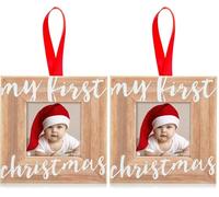 Pearhead Baby’s First Christmas Wooden Picture Frame Ornament, Newborn Milestone Keepsake Photo, For New and Expecting Parents, Rustic My First Christmas Ornament (Pack of 2)