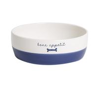 Pearhead Ceramic Dog Food Bowl, White and Navy Blue Bone Appétit Stoneware Style, Small Non-Skid Pet Feeding Dish for Dry or Wet Kibble and Water, Microwave and Dishwasher Safe, Holds 2 Cups