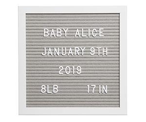 Pearhead Classic Wooden Felt Letterboard, Gender-Neutral Baby Keepsake Nursery Décor, Soft Photo Prop Message Board, Grey and White