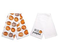 Pearhead Fall Pumpkin Tea Towels Set of 2, Autumn Kitchen Dish Towels with Hello Pumpkin Print and Pumpkin Pattern, Decorative Cotton Hand Towels for Cooking, Baking, and Seasonal Home Décor
