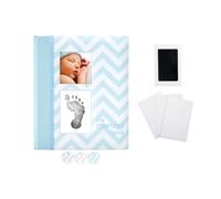 Pearhead First 5 Years Chevron Baby Memory Book with Included Clean-Touch Baby Safe Ink Pad to Create Baby's Handprint or Footprint, Keepsake Milestone Journal, French Language, Blue