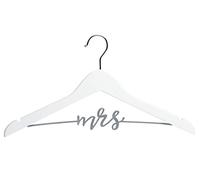 Pearhead Mrs. Wedding Dress Hanger for Bride to Be - Elegant Bridal Hanger, Ideal Keepsake for Wedding Day Photos and Gift for Bride, Wooden Hanger with Cursive Wire Lettering, White and Silver