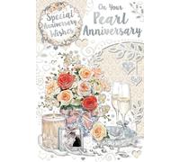Pearl 30th Wedding Anniversary Card - Champagne Glasses Flowers Silver Foil 9x6"
