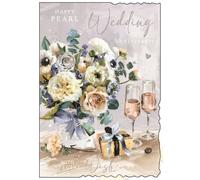 Pearl 30th Wedding Anniversary Card - Flowers & Champagne Glasses with Silver Foil and Insert 9x6.25