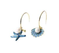 Pearl and Blue Enamel Starfish Stud Earrings, 925 Silver Needle, Korean Style Fashion Jewellery