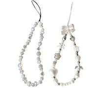 Pearl and Crystal Beaded Phone Strap with Adjustable Wristband for Mobile Phone Accessories - Two-Pack Charm Strap Featuring Heart, Bow, Star, Butterfly and Angel Wing Charms for Women and Girls,