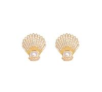 Pearl and Zircon Fan-Shaped Stud Earrings, 2.3 cm, Gold Plated, Korean Style
