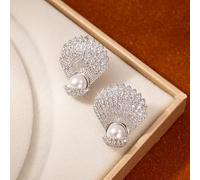 Pearl and Zircon Fan-Shaped Stud silver Earrings, 2.3 cm, Gold Plated, Korean Style
