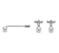 Pearl Ball Tie Pin & Cufflink Set for Men - Onyx Art TPC01 Premium Pearl Effect Accessory Set, Matching Formal Accessories for Business Wear & Special Occasions