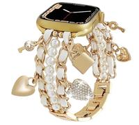 Pearl Beaded Bands Compatible with Apple Watch 38mm 40mm 41mm 42mm (S10) Women,Cuban Chain Wristband with Cute Charms Pendants for iWatch Series 10 9 8 7 6 5 4 3-1 Ultra SE (Key-Gold White, 38mm)