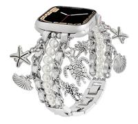 Pearl Beaded Bands Compatible with Apple Watch 42 44 45 46 49mm Women,Cuban Chain Wristband with Cute Charms Pendants for iWatch Series 10 9 8 7 6 5 4 3-1 Ultra SE (Sea Turtle-Silver, 49mm)