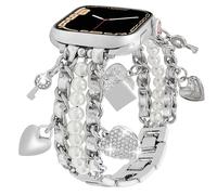 Pearl Beaded Bands Compatible with Apple Watch 42 44 45 46 49mm Women,Cuban Chain Wristband with Cute Charms Pendants for iWatch Series 10 9 8 7 6 5 4 3-1 Ultra SE (Key-Silver, 49mm)