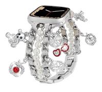 Pearl Beaded Bands Compatible with Apple Watch 42 44 45 46 49mm Women,Cuban Chain Wristband with Cute Charms Pendants for iWatch Series 10 9 8 7 6 5 4 3-1 Ultra SE (Cherry-Bling Silver, 49mm)