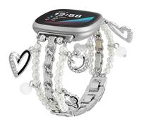 Pearl Beaded Bands Compatible with Fitbit Versa 3/Versa 4/Sense/Sense 2 Smart Watch Band Women,Dressy Wristband Bling Stylish Beads Metal Chain with Charms Pendants Strap (Bling Silver)