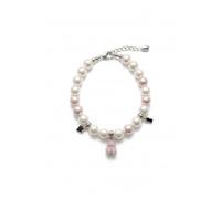 Pearl Beaded Bracelet with Purple Teddy Bear Charm, Black Crystal Accents, Adjustable Chain, White and Pink