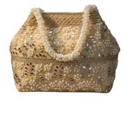 Pearl Beaded Handbag, Cream Gold, Mirror Work Embroidery, Floral Design, Bridal Tote Bag
