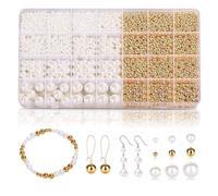 Pearl Beads, 1200 Pcs Round Clay Bead Charms (4/6/8/10/12mm) for Crafting Bracelet, Necklace, Earrings (White, Gold)