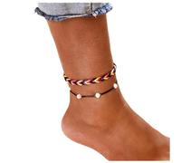 Pearl Beads Anklet Bracelet Boho 2Pcs Geometric Lotus Anklet Braided Rope Summer Beach Foot Chain Jewelry for Women Girls (Multi B)