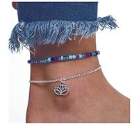 Pearl Beads Anklet Bracelet Boho 2Pcs Geometric Lotus Anklet Braided Rope Summer Beach Foot Chain Jewelry for Women Girls (Multi A)