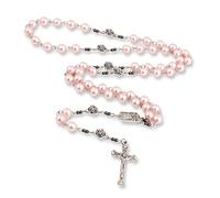 Pearl Beads Rosary with Metal Mystery Roses and Hematite stones, Catholic Rosary Necklace Our Rose Lourdes Medal, Prayer Rosaries for Women & Men, 20", Glass, No Gemstone