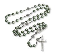 Pearl Beads Rosary with Metal Mystery Roses and Hematite stones, Catholic Rosary Necklace Our Rose Lourdes Medal, Prayer Rosaries for Women & Men, 20", Glass, No Gemstone