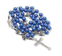 Pearl Beads Rosary with Metal Mystery Roses and Hematite stones, Catholic Rosary Necklace Our Rose Lourdes Medal, Prayer Rosaries for Women & Men, 20", Glass, No Gemstone