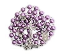 Pearl Beads Rosary with Metal Mystery Roses and Hematite stones, Catholic Rosary Necklace Our Rose Lourdes Medal, Prayer Rosaries for Women & Men, 20", Glass, No Gemstone