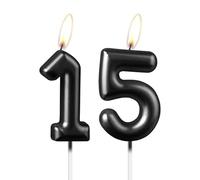 Pearl Black Number 15 Candle, Beautiful Party Cake Topper, Sparkling Black Birthday Cake Decoration for Women and Men