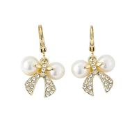 Pearl Bow Drop Earrings, Gold Tone, Crystal Rhinestone, Lever Back, Elegant Dangle Style