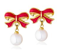 Pearl Bow Earrings Cute Colorful Studs Wedding Party Bowknot Accessory Gift Valentine's Jewelry for Women Gold Silver, Zinc, No Gemstone