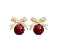 Pearl Bow Earrings for Women Christmas Bow Earrings Shiny Rhinestone Bow Earrings Red Ball Xmas Earrings Anniversary Holiday Christmas Jewelry, Normal size, Alloy,Pearl,Crystal, No Gemstone