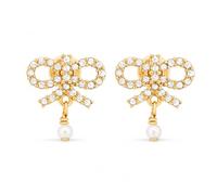 Pearl Bow Earrings for Women, Gold-Tone Drop Dangle Stud Earrings | Sparkling Ribbon Design, White Bead Dangle, Push Back Closure, Bridal Bridesmaid Wedding Prom Party Jewelry Gift