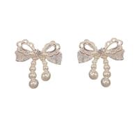 Pearl Bow Stud Earrings, Mini Ribbon Shape with Single Pearl Accent, Smooth Polished Gold/Silver Tone Studs for Women