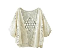Pearl Button Cardigan Women's Embroidered Hollow Art Thin Top Cotton Short Bat Sleeve Cardigan Super Chunky Cardigan (Beige, One Size)