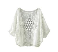 Pearl Button Cardigan Women's Embroidered Hollow Art Thin Top Cotton Short Bat Sleeve Cardigan Super Chunky Cardigan (White, One Size)