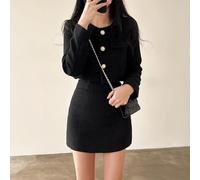 Pearl Button Tweed 2PCS Set for Women Including Long Sleeve Jacket and A Line Mini Skirt Suitable for Casual and Seasonal Wear (S Black)