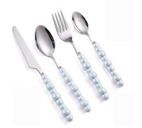 Pearl Ceramic Handle Kitchen Stainless Steel Silverware Tableware Flatware Cutlery Set Creative Hotel Home Steak Knife Dessert Spoon (Blue,4 Pieces)