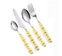 Pearl Ceramic Handle Kitchen Stainless Steel Silverware Tableware Flatware Cutlery Set Creative Hotel Home Steak Knife Dessert Spoon (Yellow,4 Pieces)