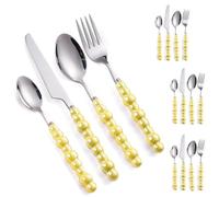 Pearl Ceramic Handle Kitchen Stainless Steel Silverware Tableware Flatware Cutlery Set Creative Hotel Home Steak Knife Dessert Spoon (Yellow,16 Pieces)