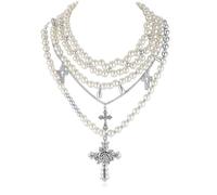 Pearl Choker Necklace for Women Statement Gothic Cross Stacked Necklace Y2K Layered Necklace for Women, Metal, alloy