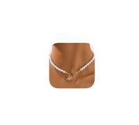 Pearl Choker Necklace with Crystal Planet Charm, Safety Pin Clasp, Gold Chain Extension, White
