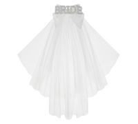 Pearl Crystal Bride Headband with Veil Hen Party Decorations Two-Tier White Bow Bridesmaid Veil for Bridal Showers, Bachelorette Parties, and Weddings, 65cm, Barrette Clip (Style-2)